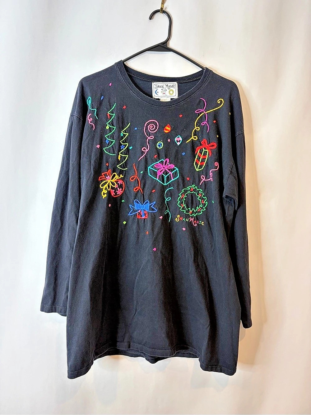 Swan Magic Christmas Embroidered Long Sleeve Tee in Black Medium Large Holiday